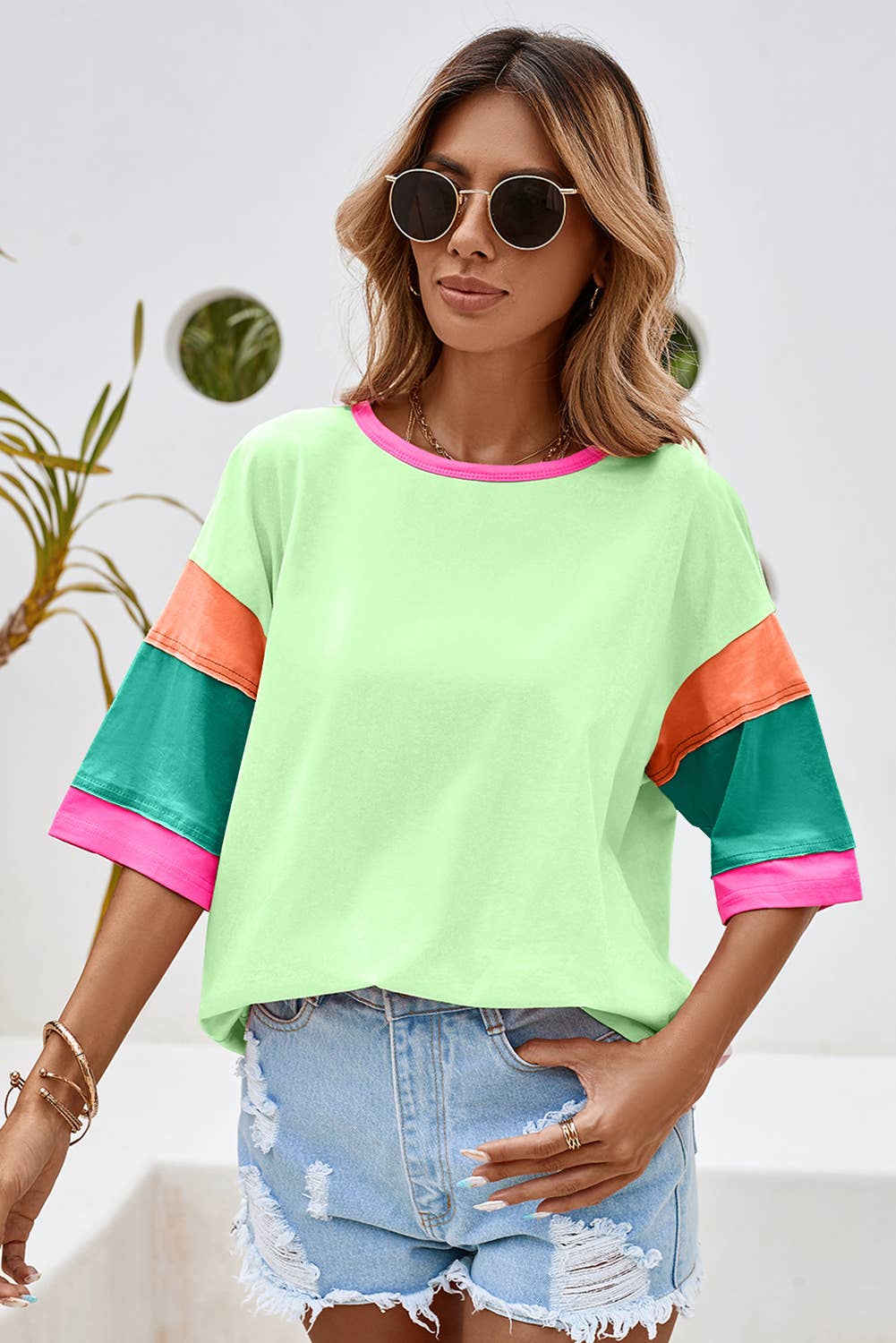 LDC Stitching Sleeve Round Neck Oversize Summer Tops