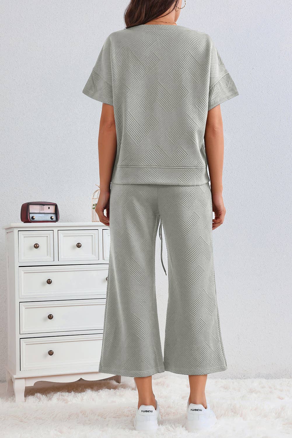 Grey Textured Loose Fit TShirt & Drawstring Pants Set