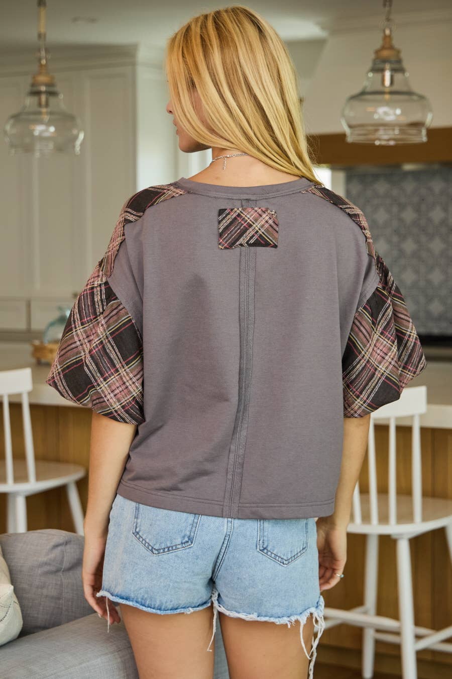 Charcoal Print Mixed Fabric French Terry Top