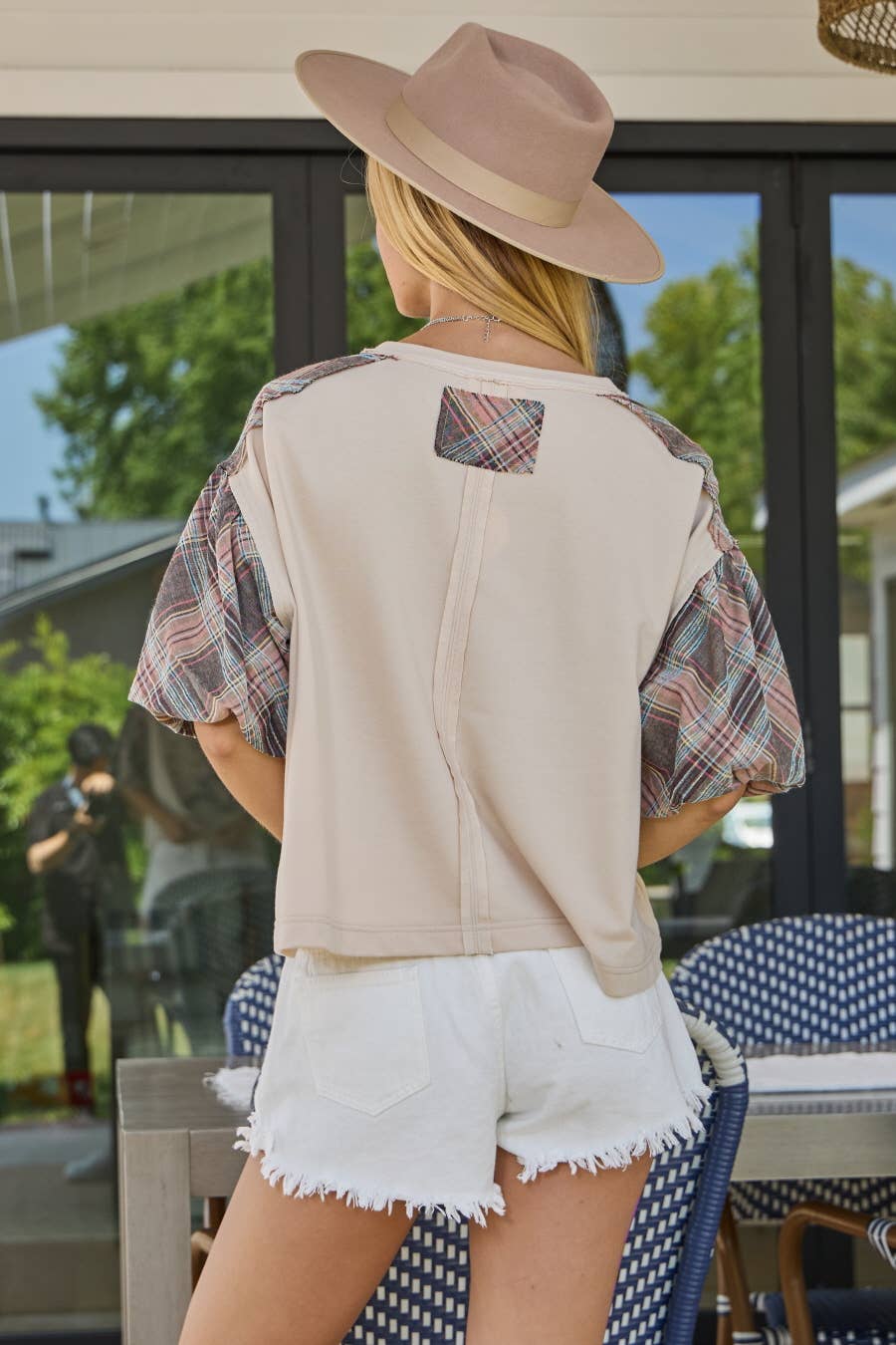 Oatmeal Print Mixed Fabric French Terry Top