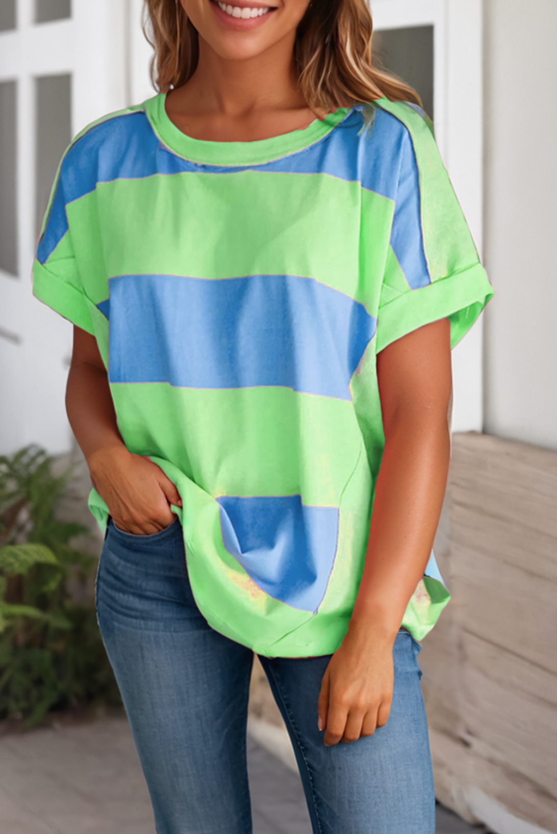 Contrast Stripe Exposed Seam Tee