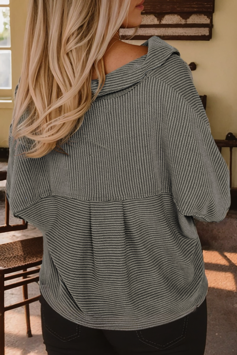 Grey Solid Color Pit Stripe Oversized Pocket Shirt