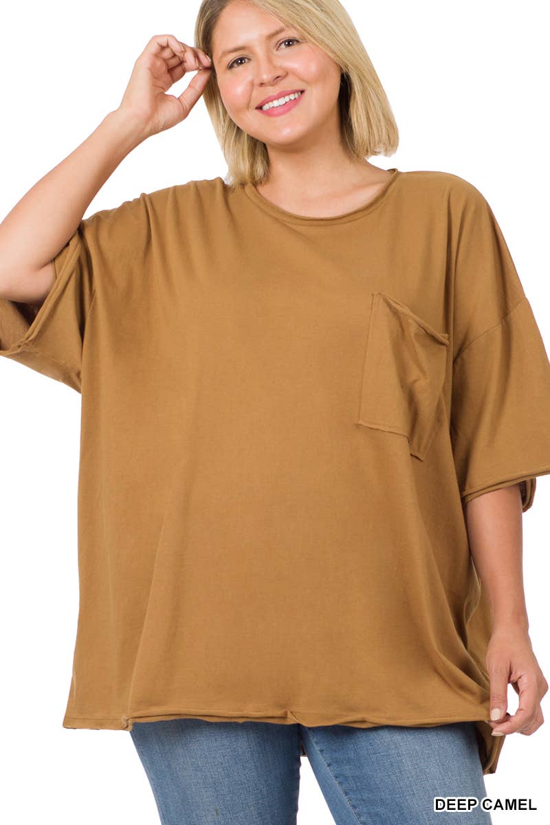 Plus Oversized Front Pocket Raw Edge Boyfriend Tee
