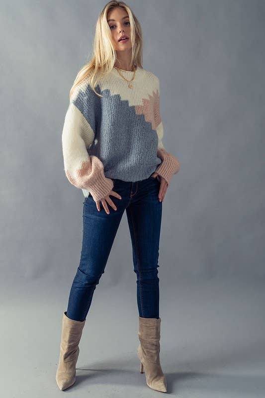 ***SALE*** Colorblock Stair Pattern Bishop Sleeve Sweater