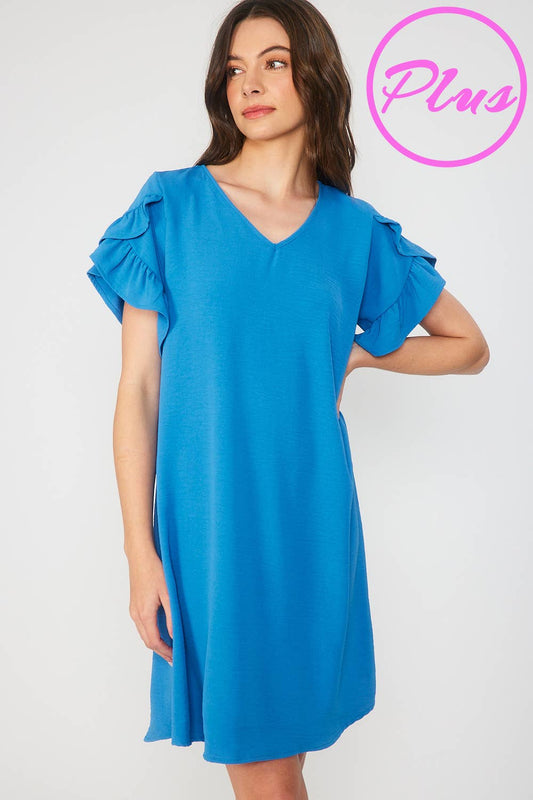 PLUS - SOLID V NECK AIR FLOW SHIFT DRESS