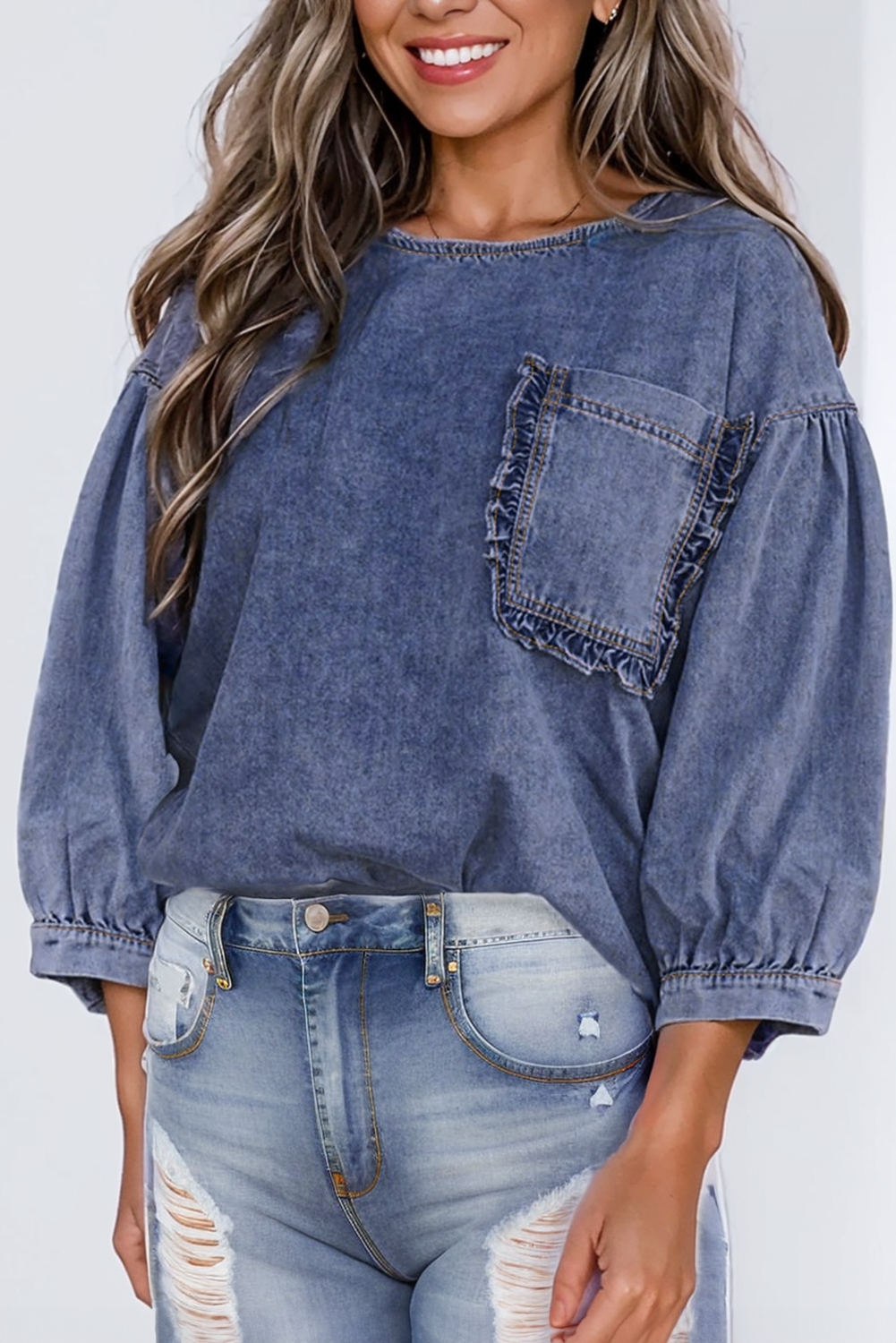 Denim Ruffled Trim Pocket 3/4 Sleeve Top