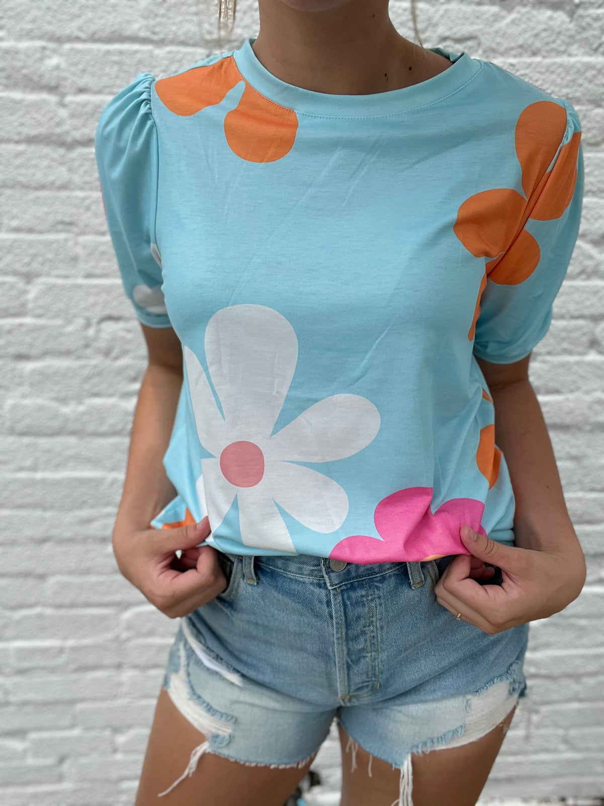Blue Floral Bubble Sleeve Top