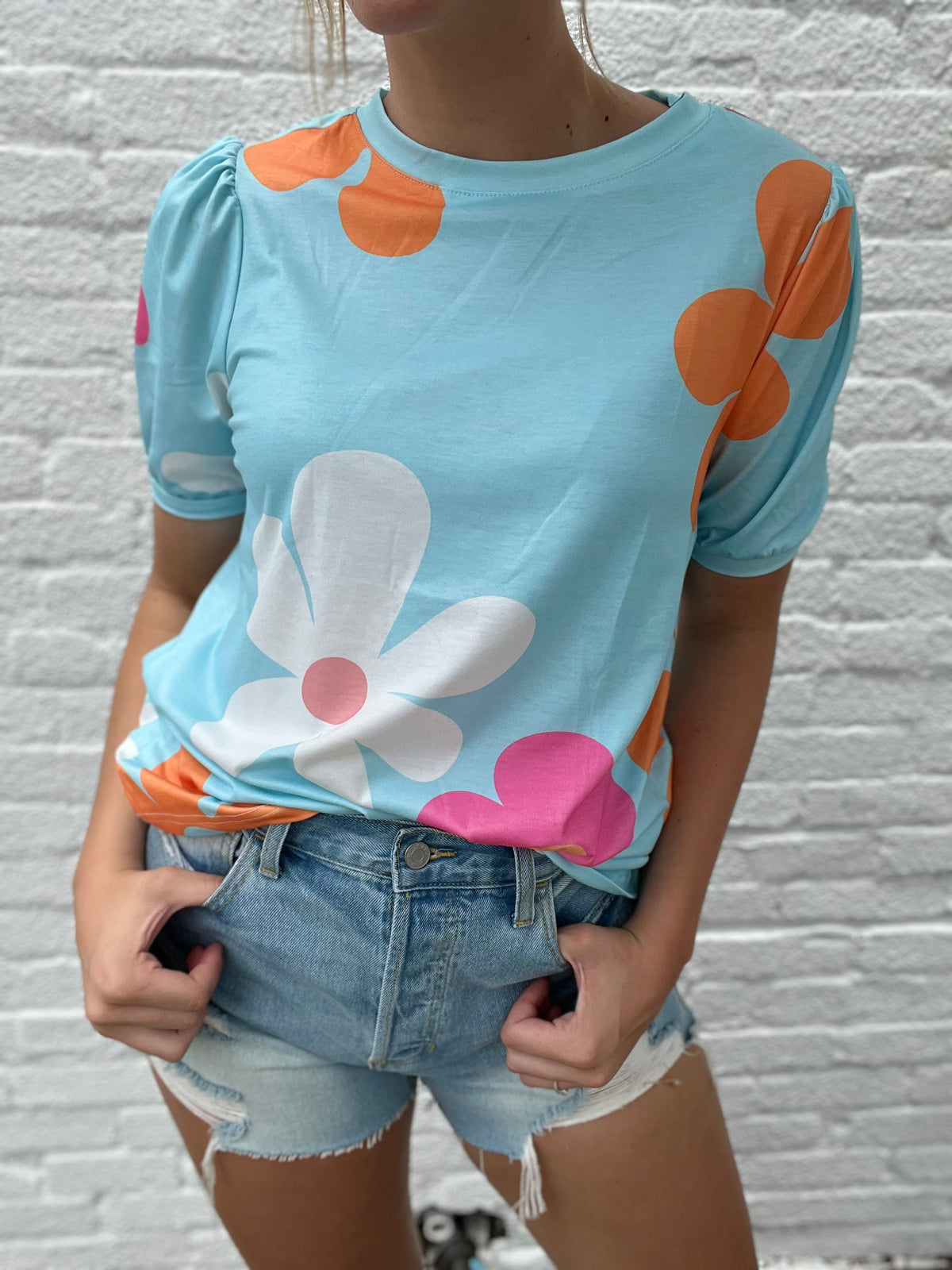 Blue Floral Bubble Sleeve Top