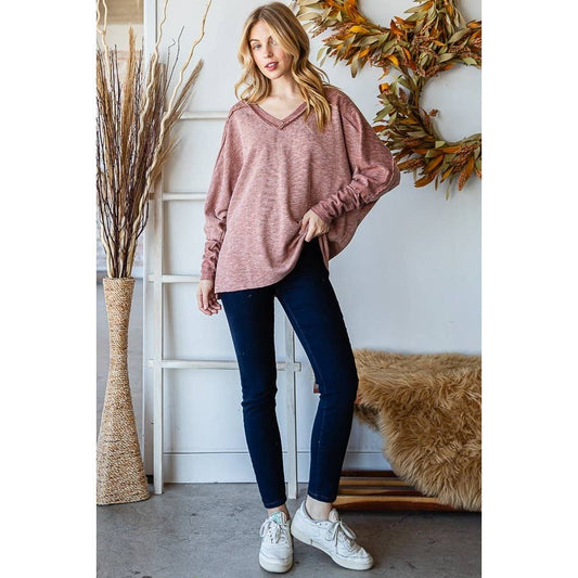 Rust V-Neck LS Oversized Blouse