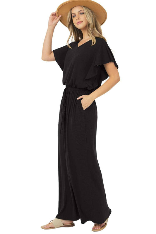 Black Short Sleeve V-neck Dress w/Waist Tie