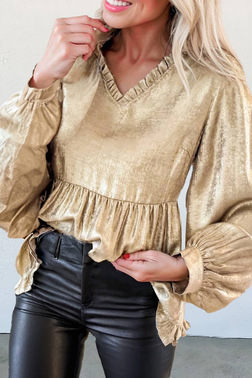 Ruffled Trim V Neck Babydoll Blouse