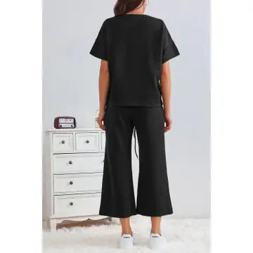 Black Textured Loose Fit TShirt & Drawstring Pants Set