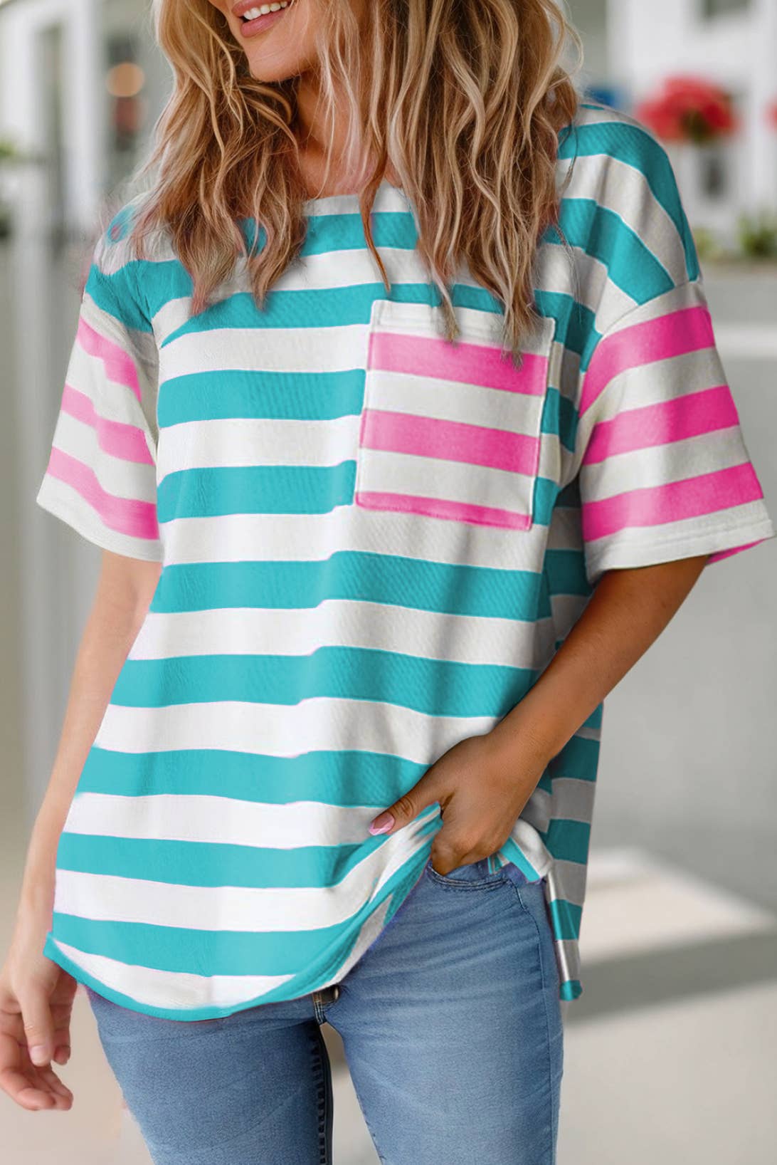 Stripe Print Contrast Pocket Loose Fit Tee