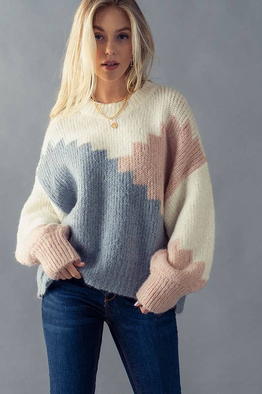 ***SALE*** Colorblock Stair Pattern Bishop Sleeve Sweater