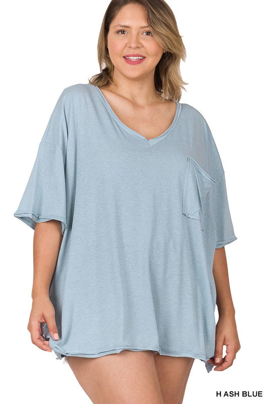 Hearther Ash Blue Plus Tri-Blend Oversized Boyfriend Front Pkt Tee