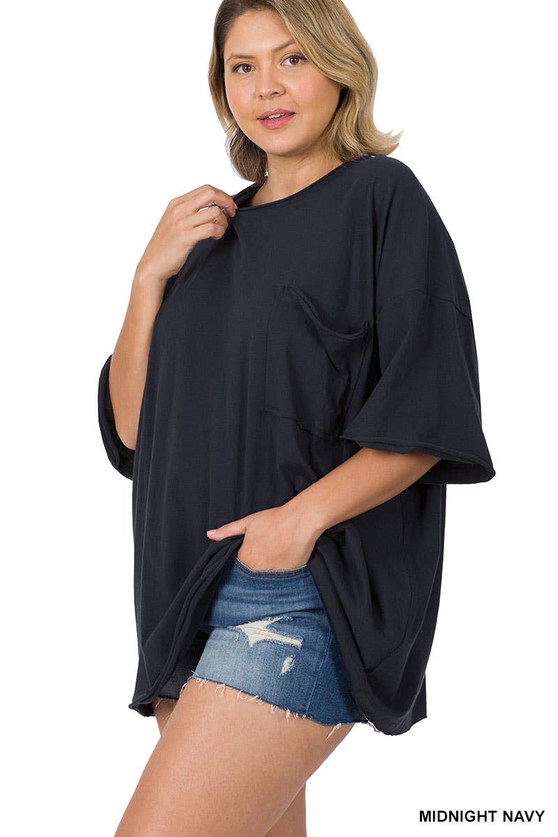 Plus Oversized Front Pocket Raw Edge Boyfriend Tee