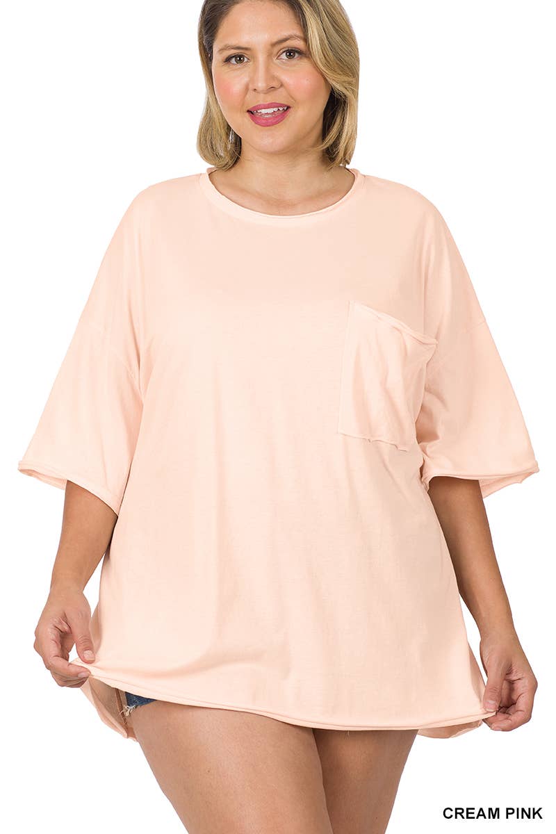 Plus Oversized Front Pocket Raw Edge Boyfriend Tee