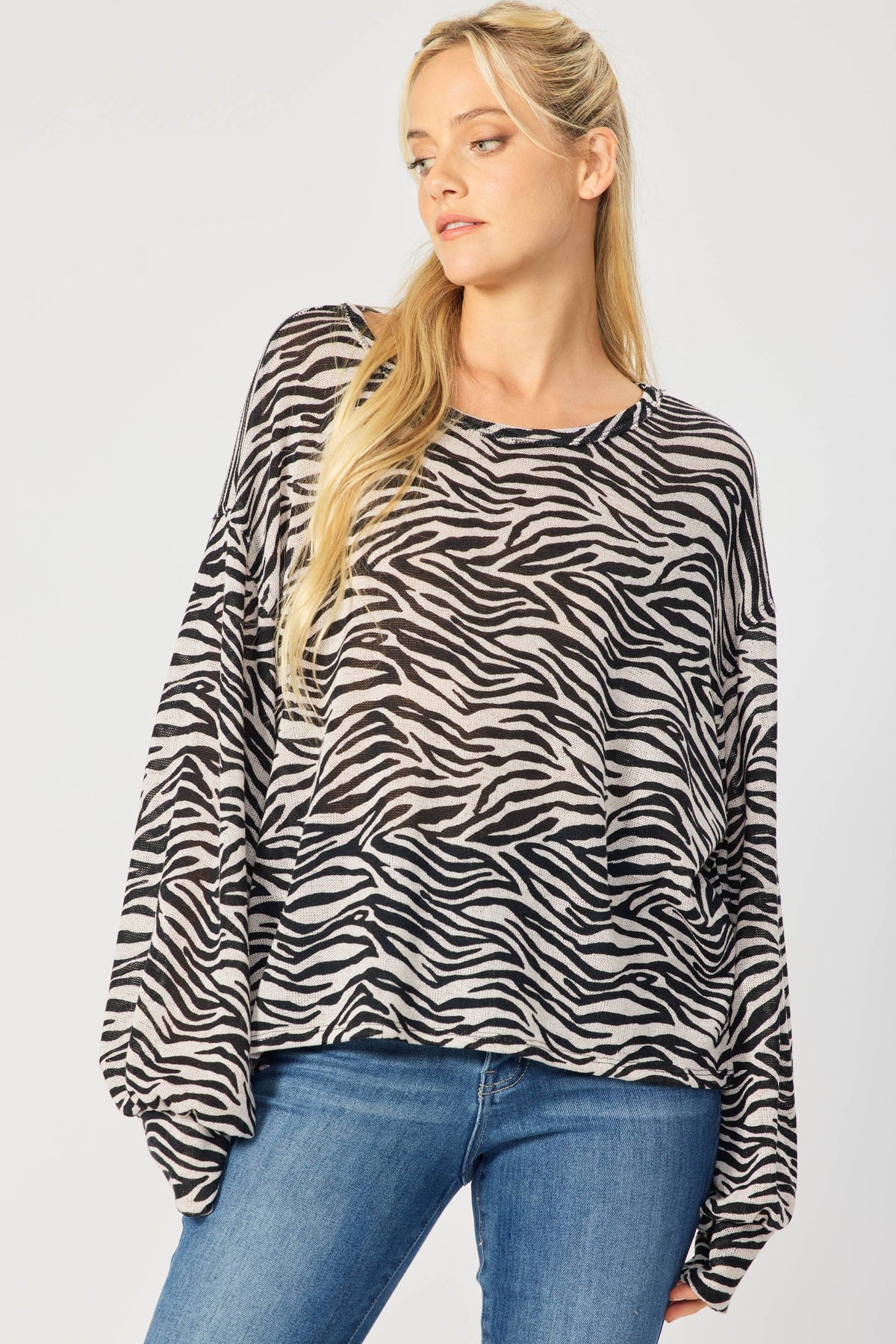 Zebra Printed Gauze Knit Puff Sleeves Dolman Plus Top