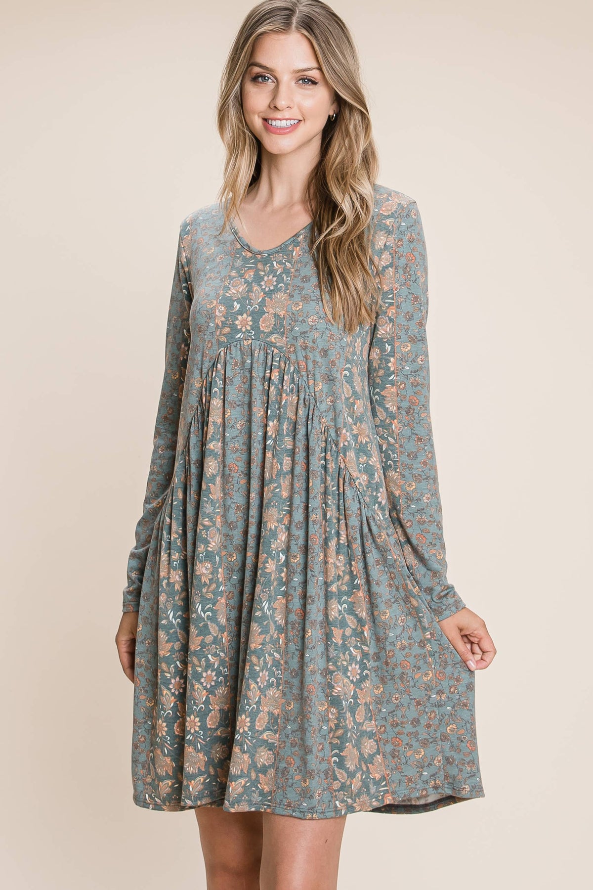 ***SALE*** Teal Long Sleeve Floral Dress - 1 Small Only Available