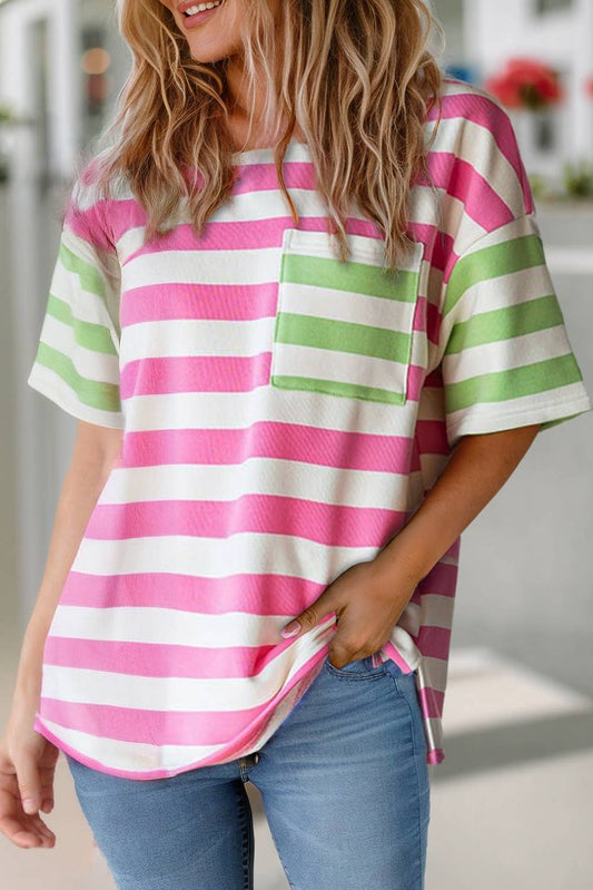 Stripe Print Contrast Pocket Loose Fit Tee