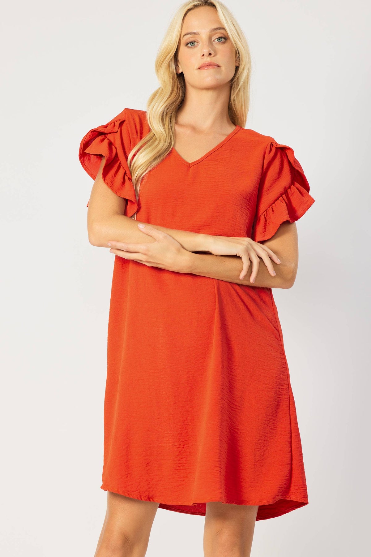 Solid VNeck Air Flow Shift Dress w/Ruffle Sleeves