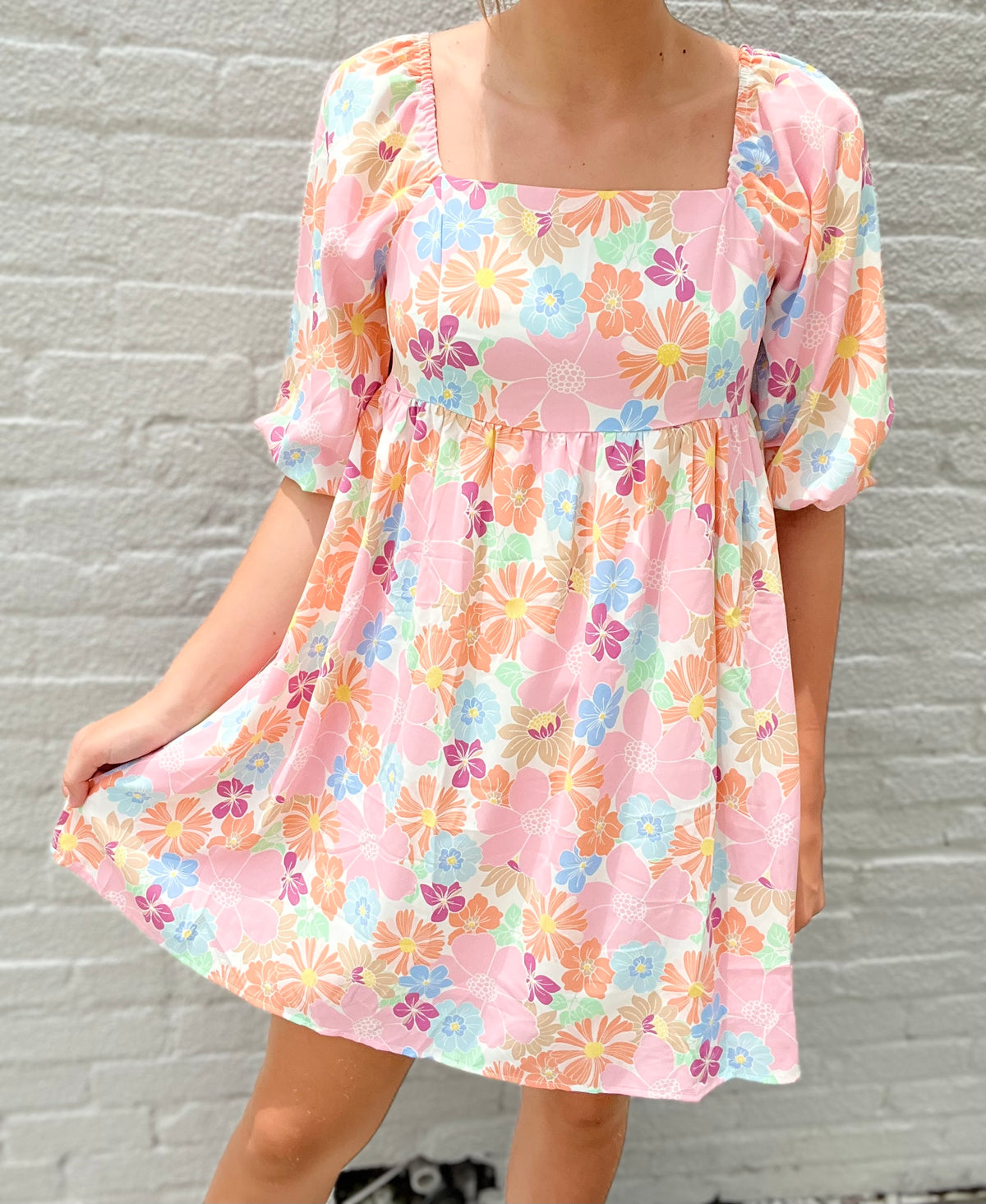 Pink Summer Floral Square Neck Puff Sleeve Babydoll Dress
