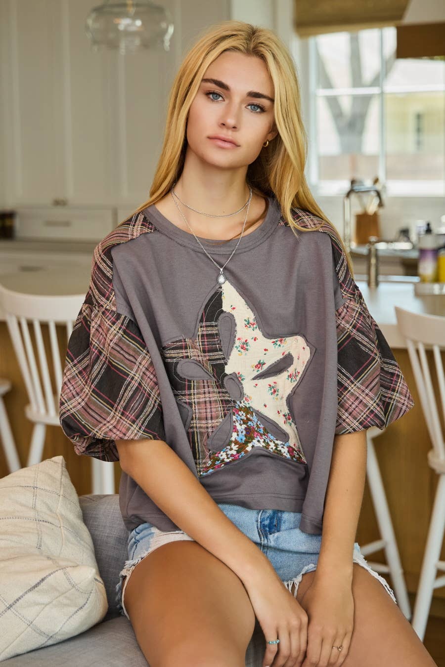 Charcoal Print Mixed Fabric French Terry Top