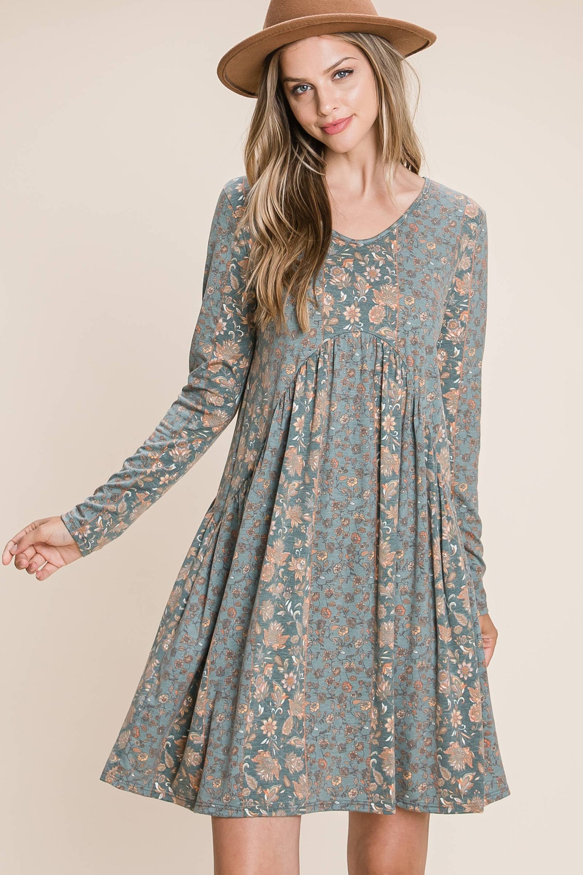 ***SALE*** Teal Long Sleeve Floral Dress - 1 Small Only Available