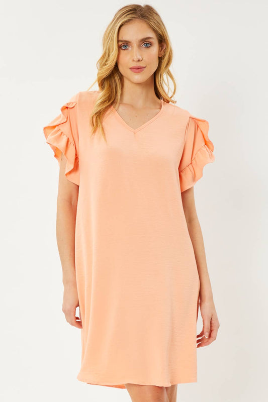 Solid VNeck Air Flow Shift Dress w/Ruffle Sleeves