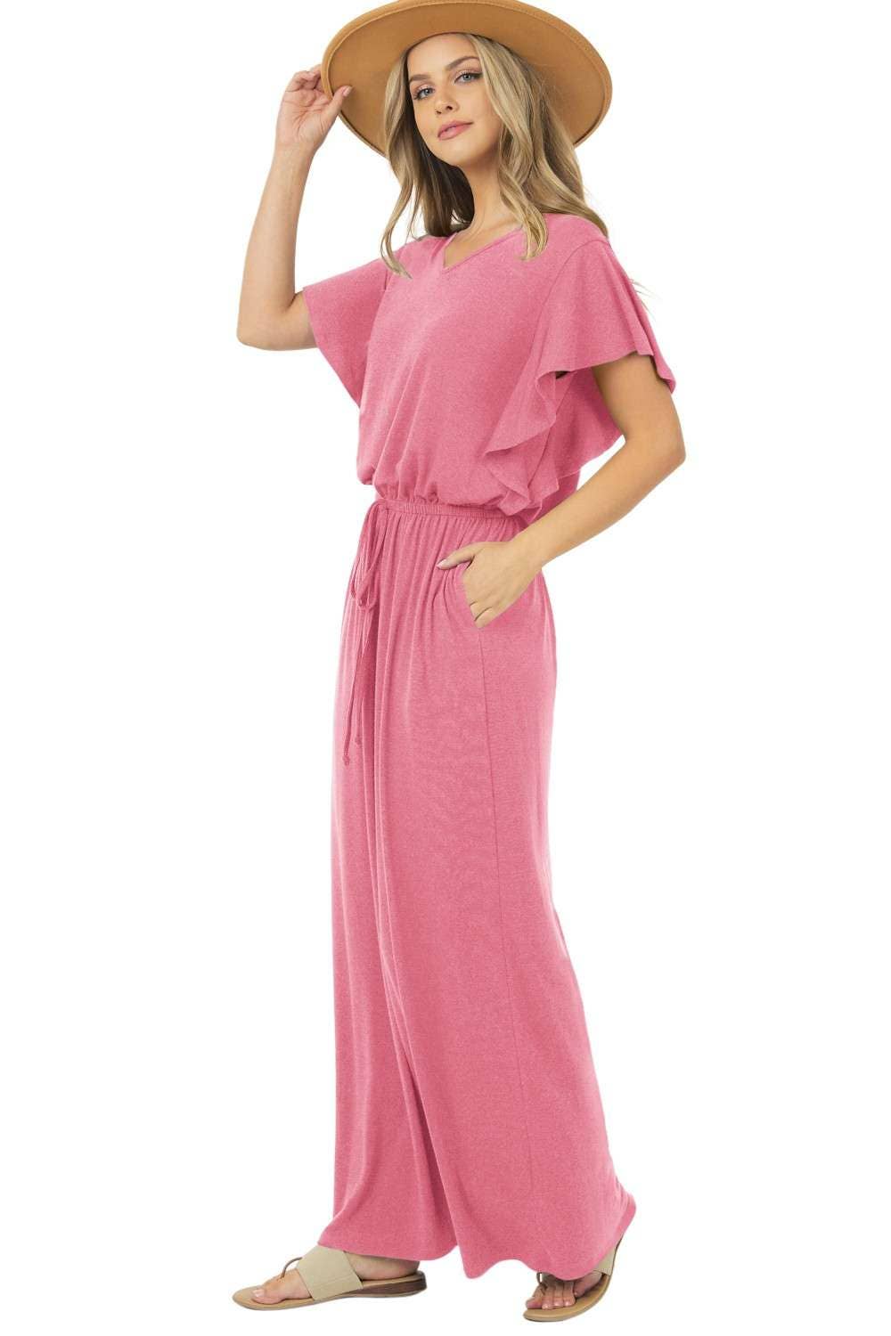 Rose Short Sleeve V-neck Dress w/Waist Tie