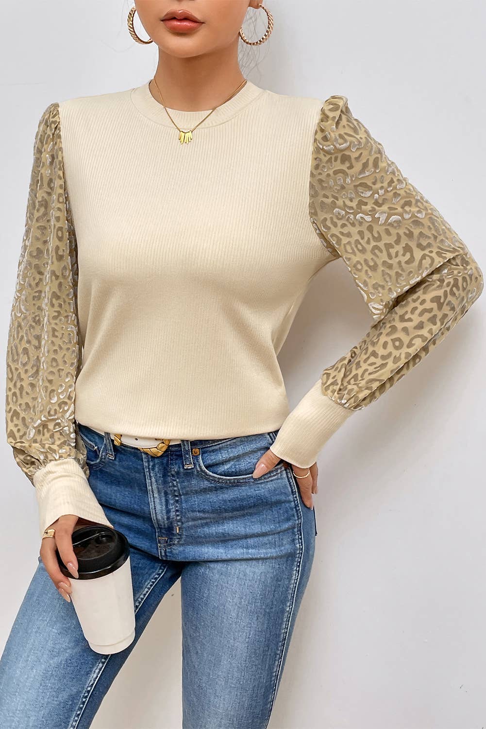 Apricot Leopard LS Ribbed Knit Blouse