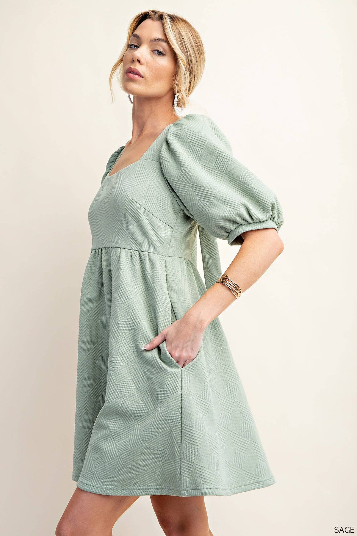 Soft Jacquard Fabric Puff Sleeve Square Neck Lined  Pocket Dress
