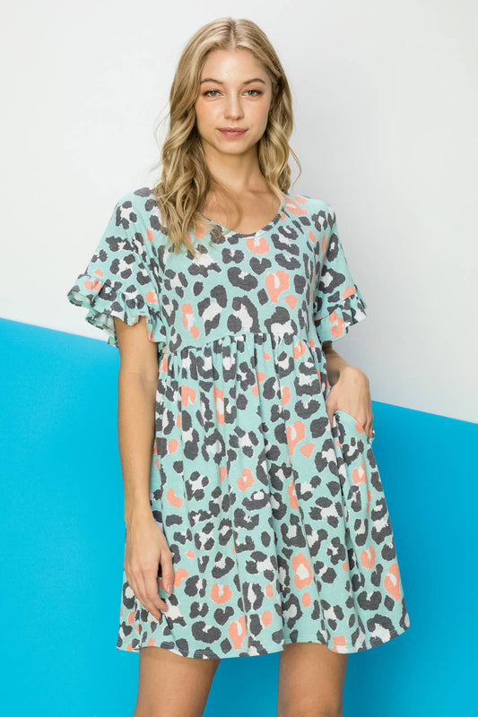Mint Leopard Print V-Neck Babydoll Dress