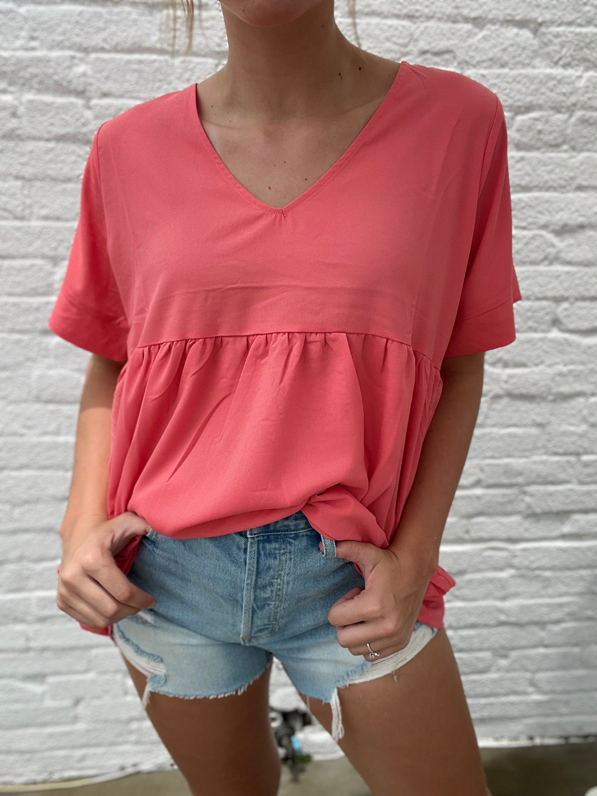 Deep Coral Flowy Vneck Blouse