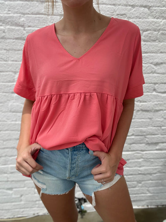 Deep Coral Flowy Vneck Blouse