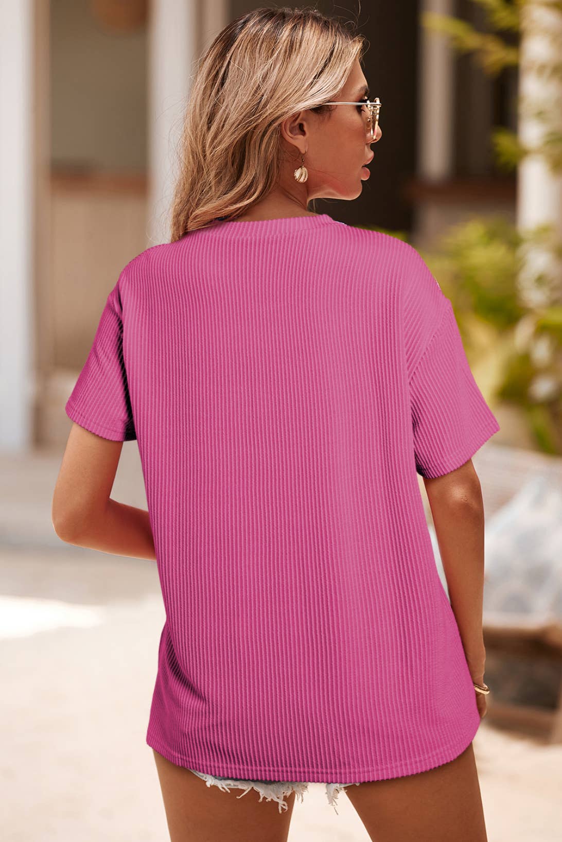 Ribbed Knit Loose Fit Pocket T Shirt