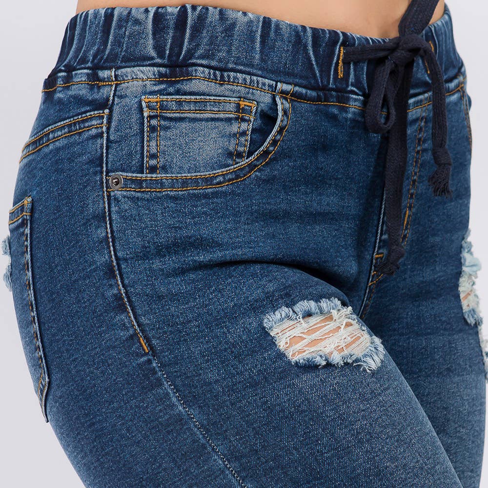 Plus Size Denim Joggers w/Drawstring-RJJ2819P