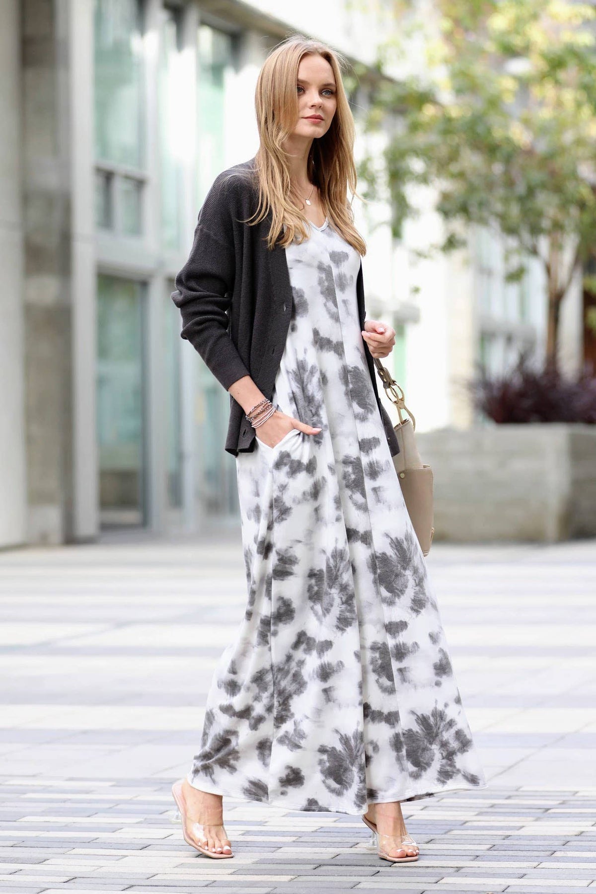 Grey Tie Dye V-Neck Short Sleeve Maxi Dress