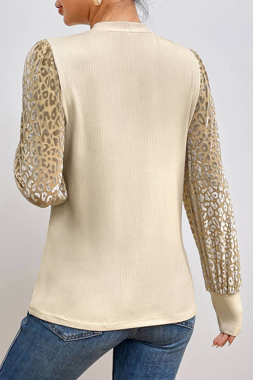 Apricot Leopard LS Ribbed Knit Blouse