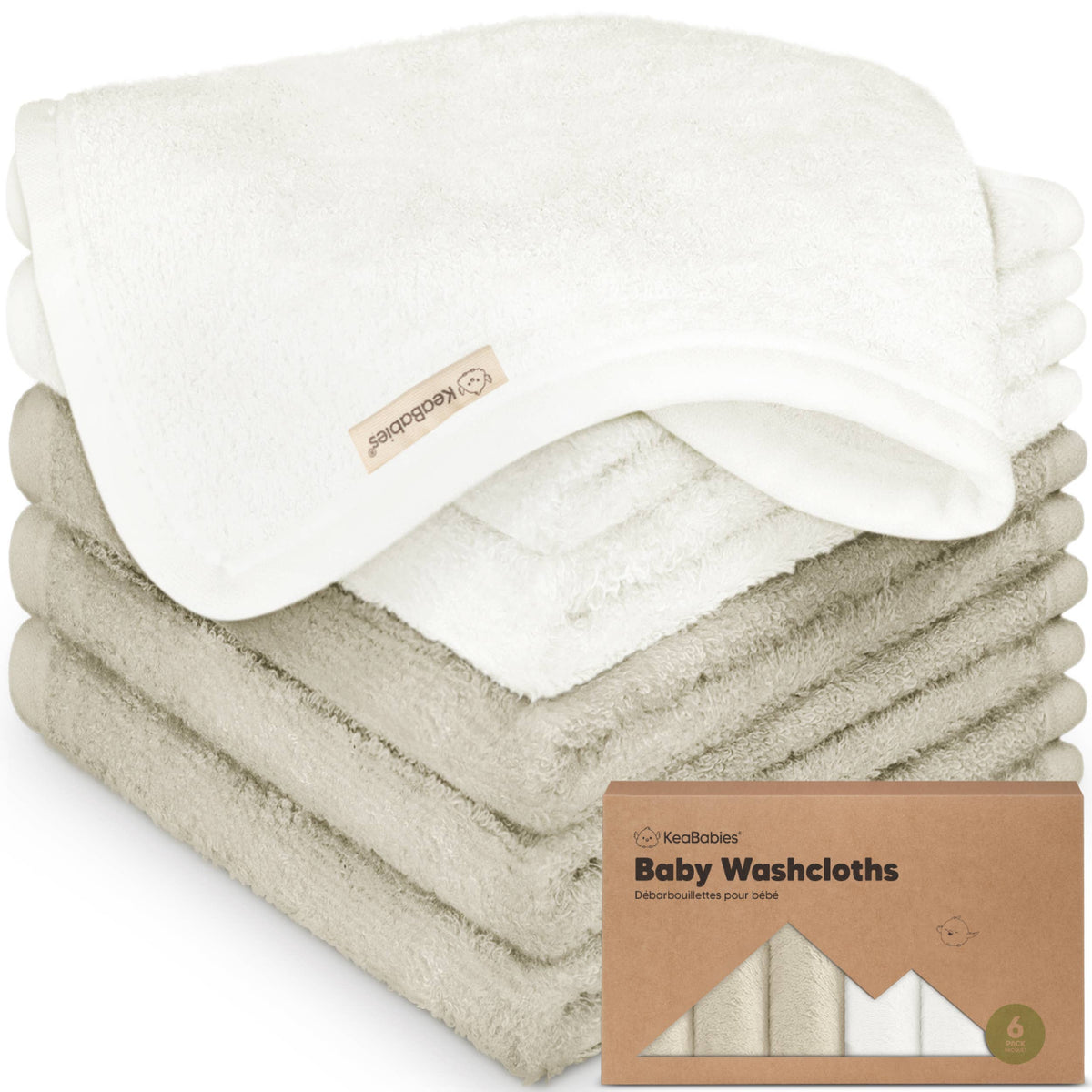 White/Stone - 6-Pack Baby Wash Cloths