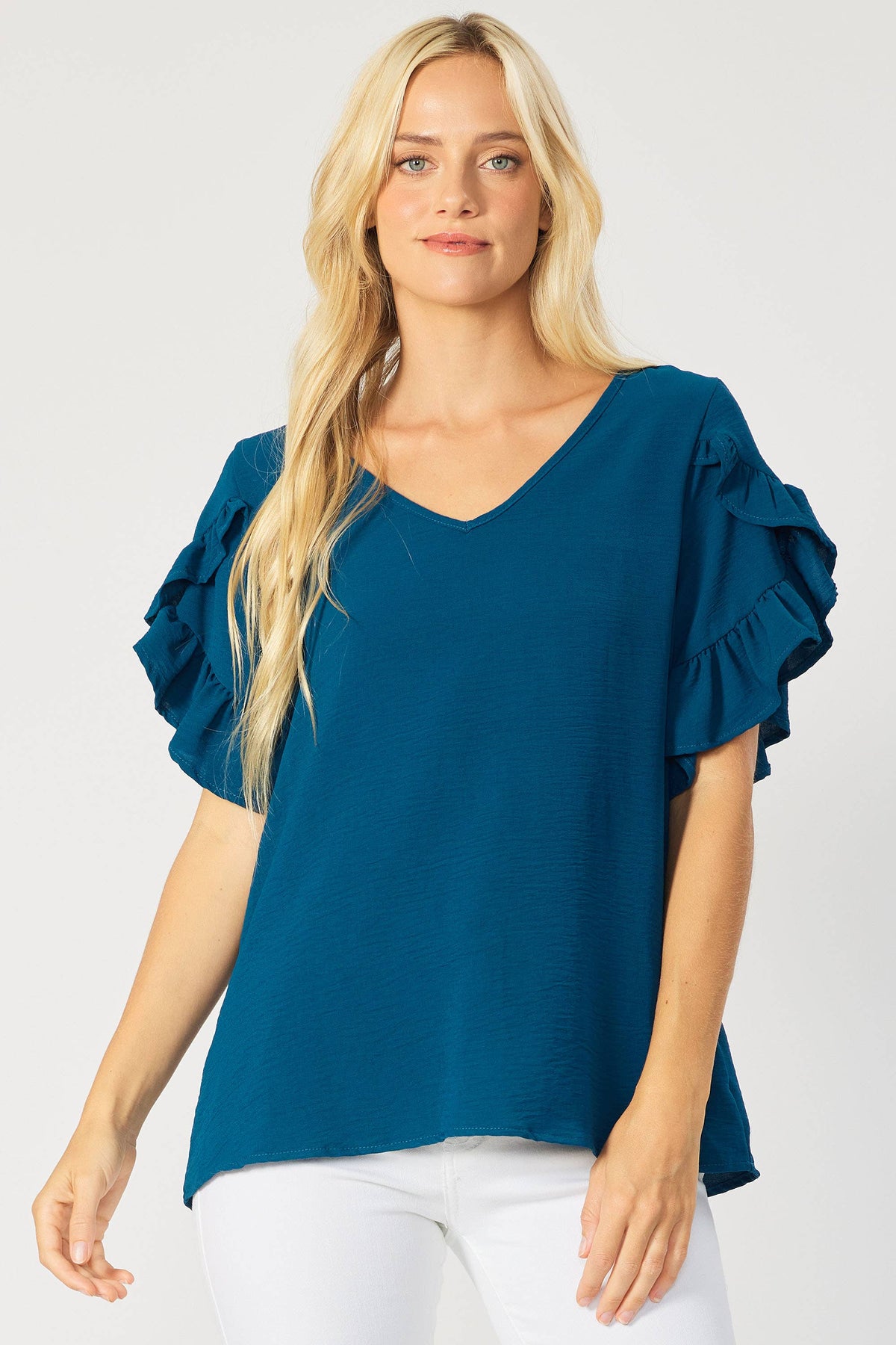 RUFFLED TULIP SLEEVE V NECK TOP