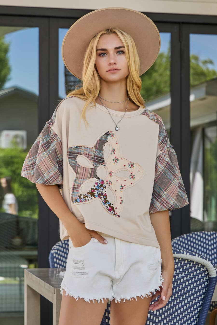Oatmeal Print Mixed Fabric French Terry Top
