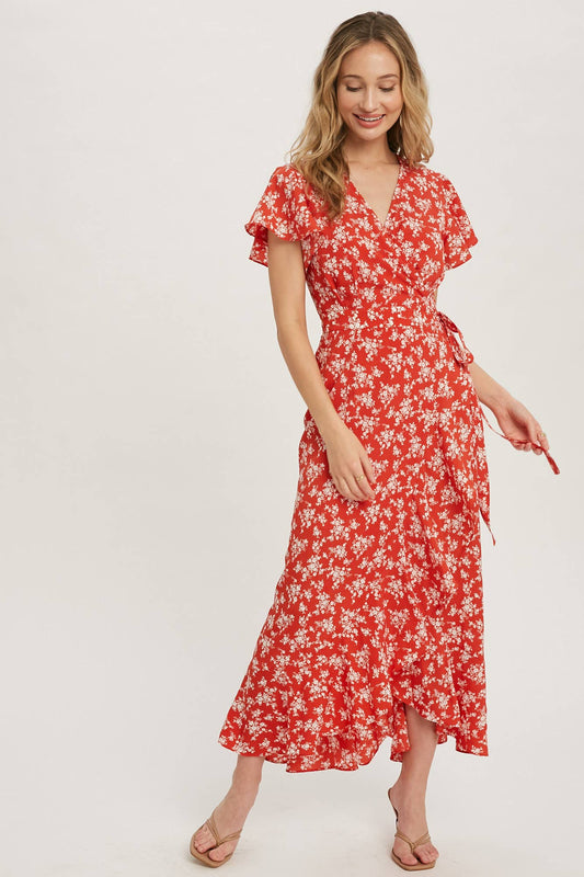 ***SALE*** Ditsy Print Ruffle Hem Wrap Maxi Dress
