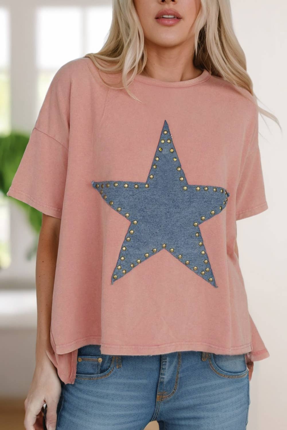 Pink Studded Star Graphic T Shirt