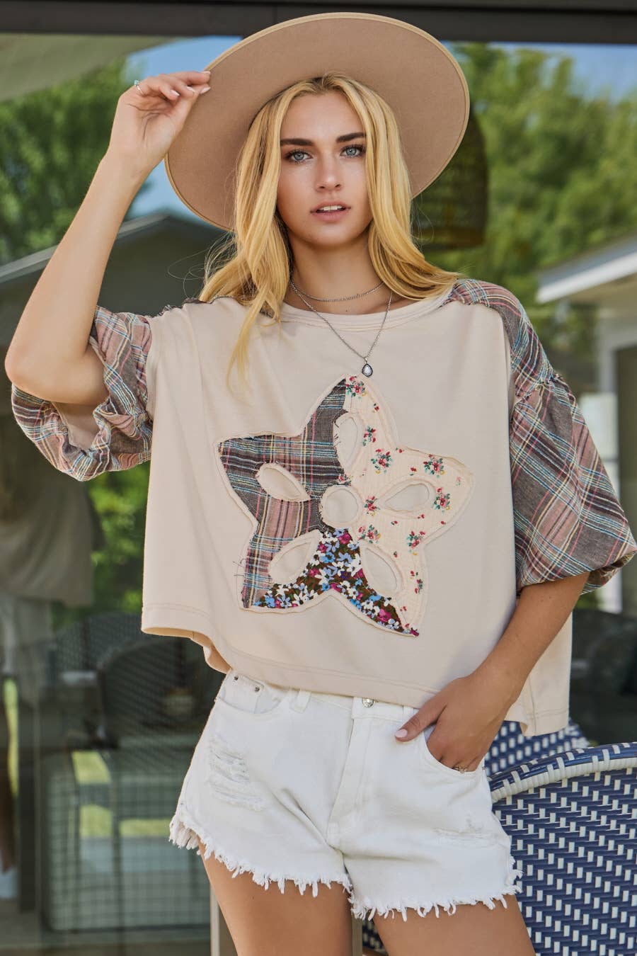Oatmeal Print Mixed Fabric French Terry Top