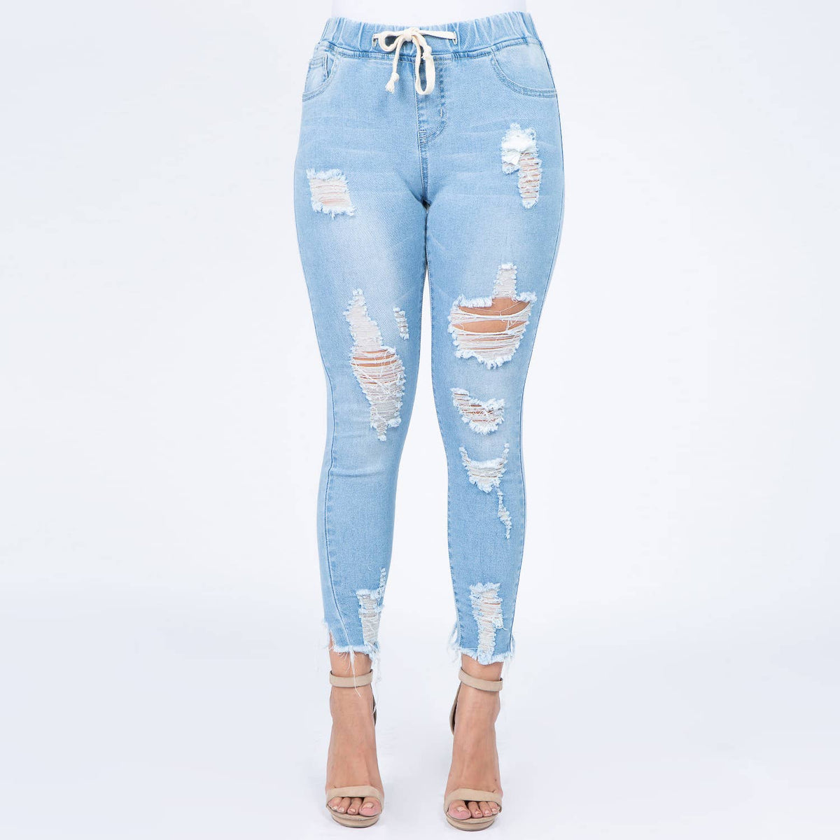 Plus Size Denim Joggers w/Drawstring-RJJ2819P