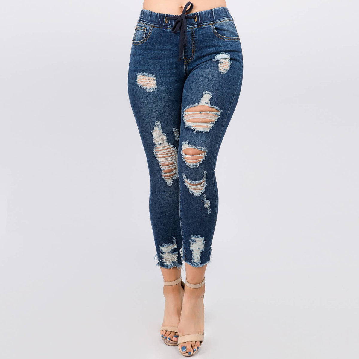 Plus Size Denim Joggers w/Drawstring-RJJ2819P