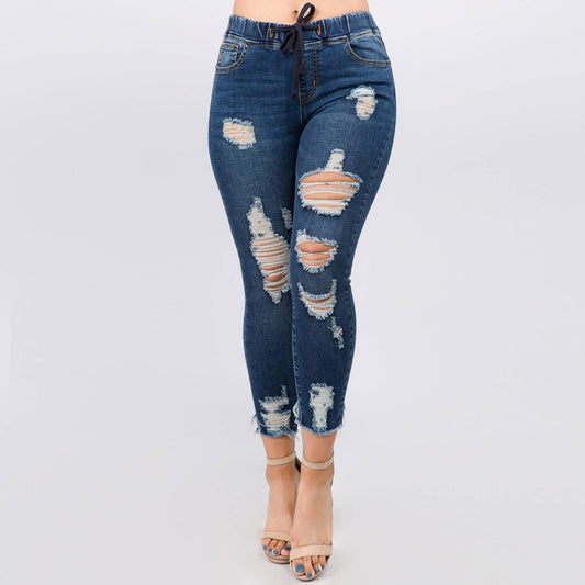 Distressed Denim Joggers w/Drawstring-RJJ2819
