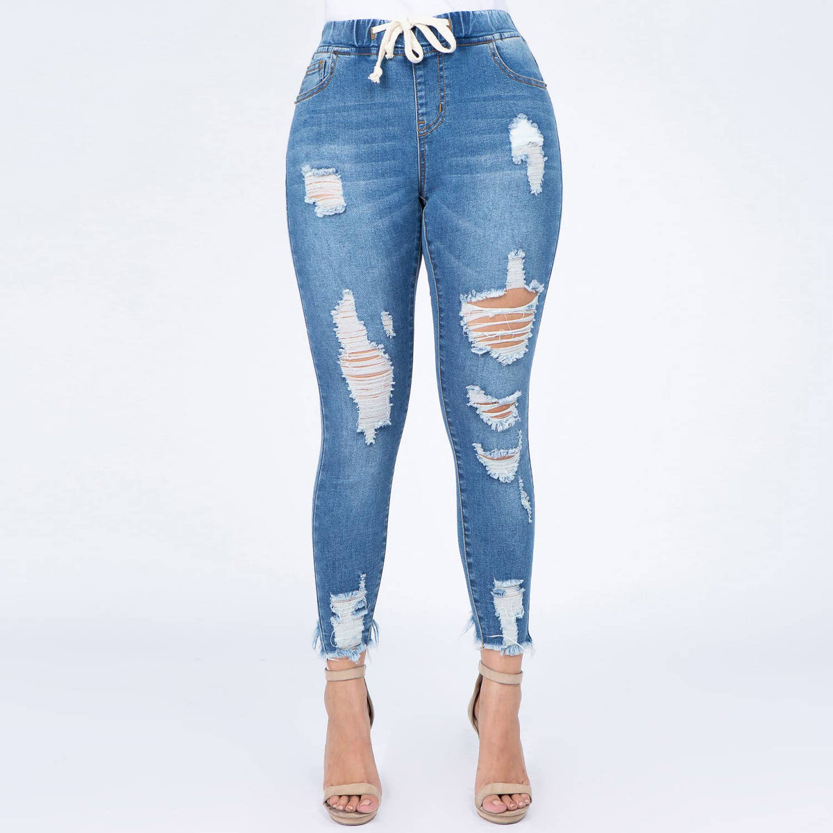 Plus Size Denim Joggers w/Drawstring-RJJ2819P