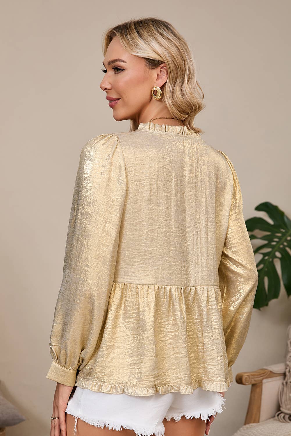 Ruffled Trim V Neck Babydoll Blouse